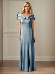 Trumpet/Mermaid V-Neck Cold Shoulder Sleeve Floor-Length Satin Dress With Pleated