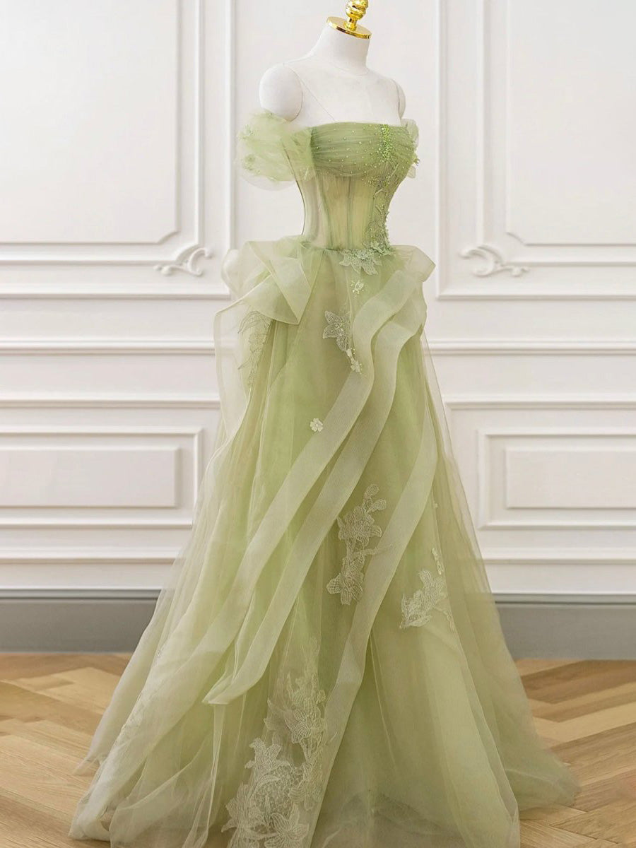 Tulle Lace Long Prom Dress with Corset Formal Party Dress