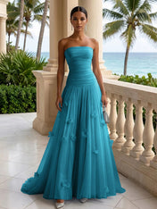 Light Blue Evening Dress with 3D Flower Strapless Pleat Maxi Dress