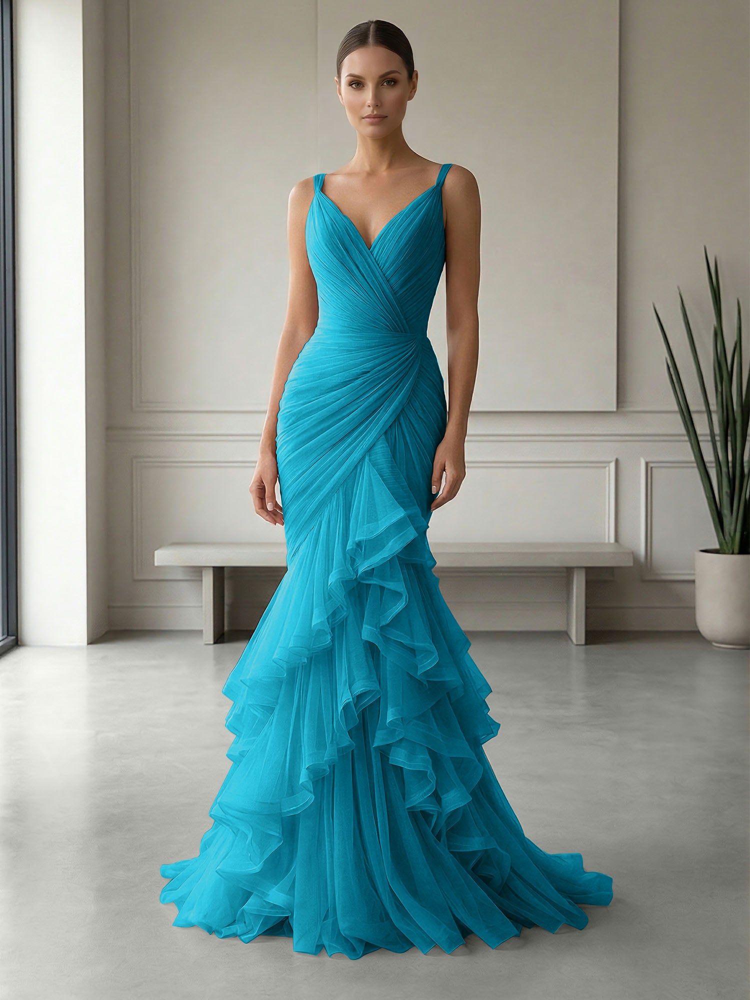Mauve Folds Tulle Strapless Sleeveless Mermaid Gown Dress