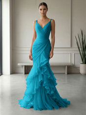 Mauve Folds Tulle Strapless Sleeveless Mermaid Gown Dress