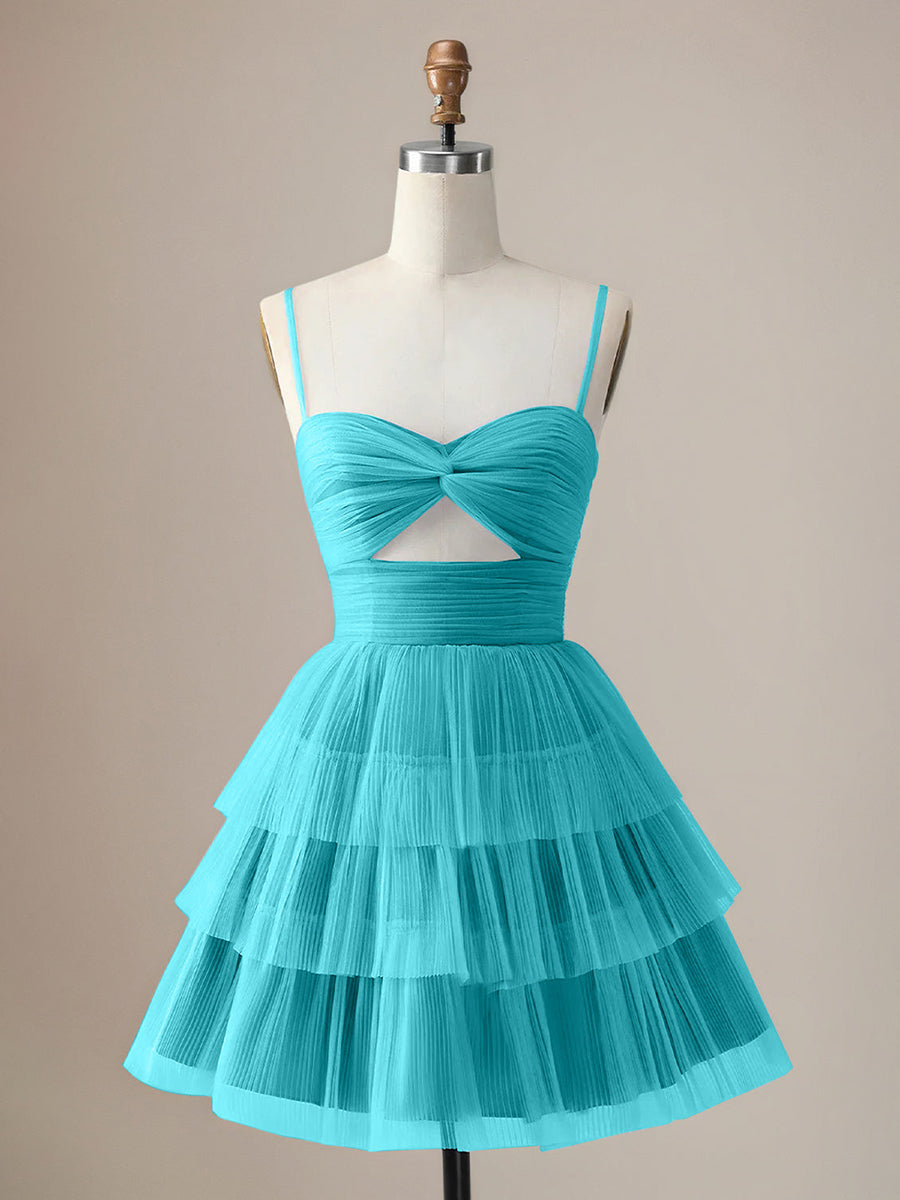 A Line Spaghetti Straps Short Tiered Homecoming Dress with Hollow Out