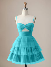 A Line Spaghetti Straps Short Tiered Homecoming Dress with Hollow Out