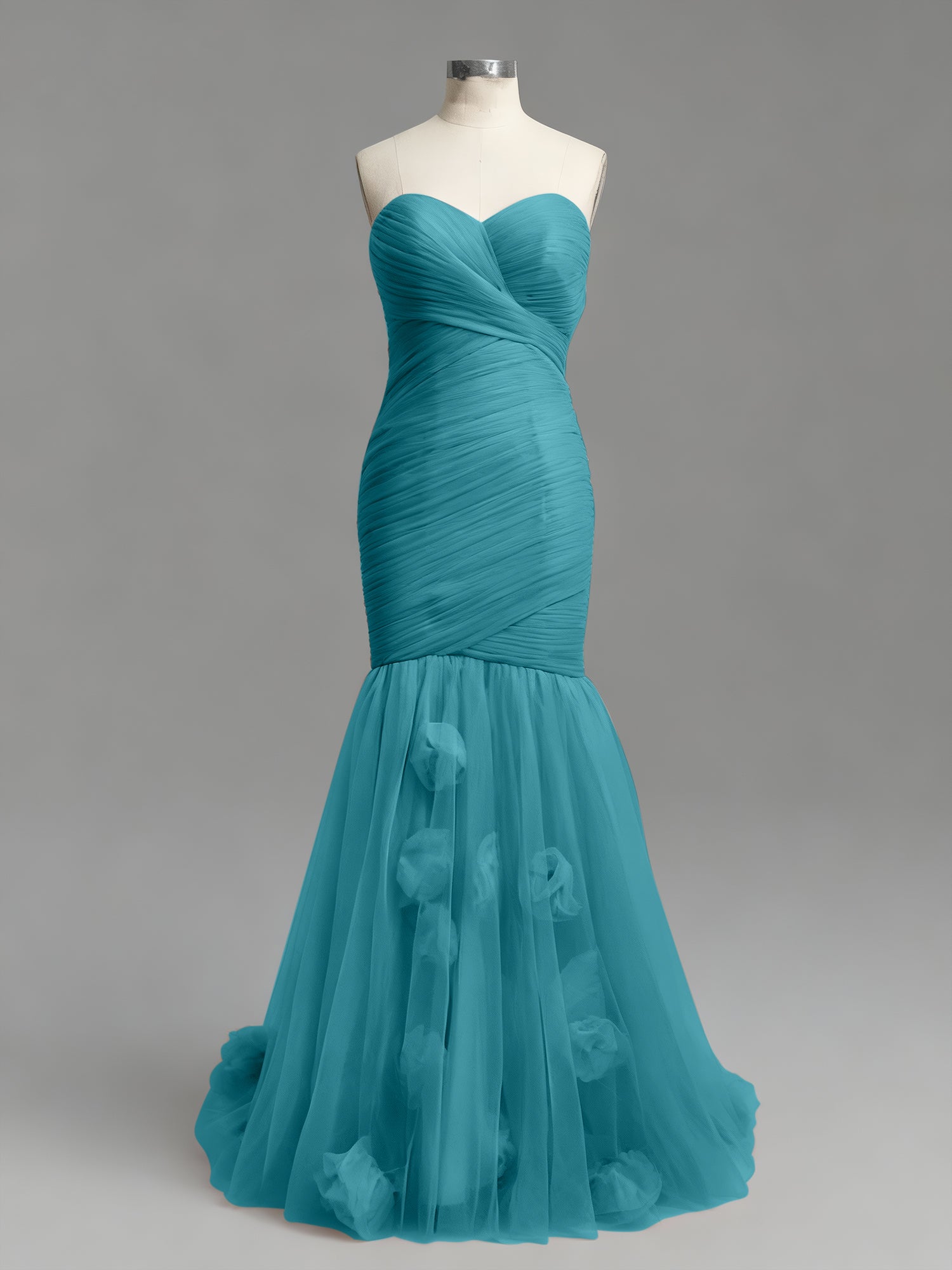 Dusty Rose Mermaid Strapless Ruched Tulle Prom Dress with 3D Floral