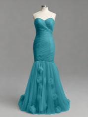 Dusty Rose Mermaid Strapless Ruched Tulle Prom Dress with 3D Floral