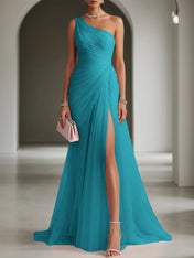 Pink Ruched Slit Tulle Strapless One Shoulder Sheath Gown Dress