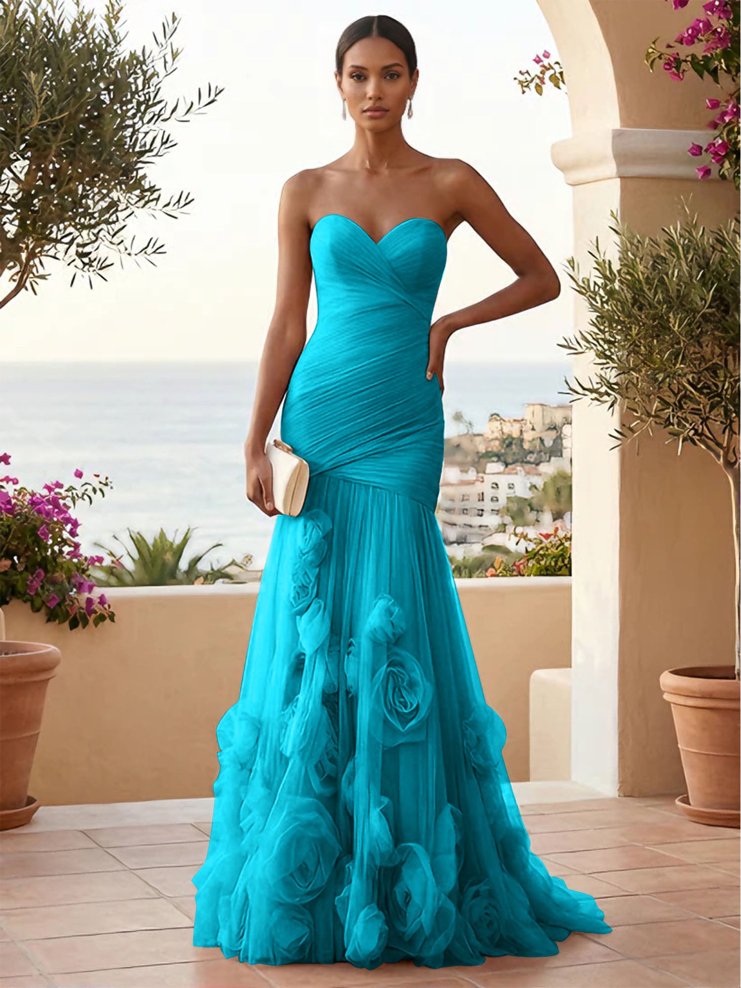 Sweetheart Tulle Pleat Mermaid Evening Dresses with 3D Flower