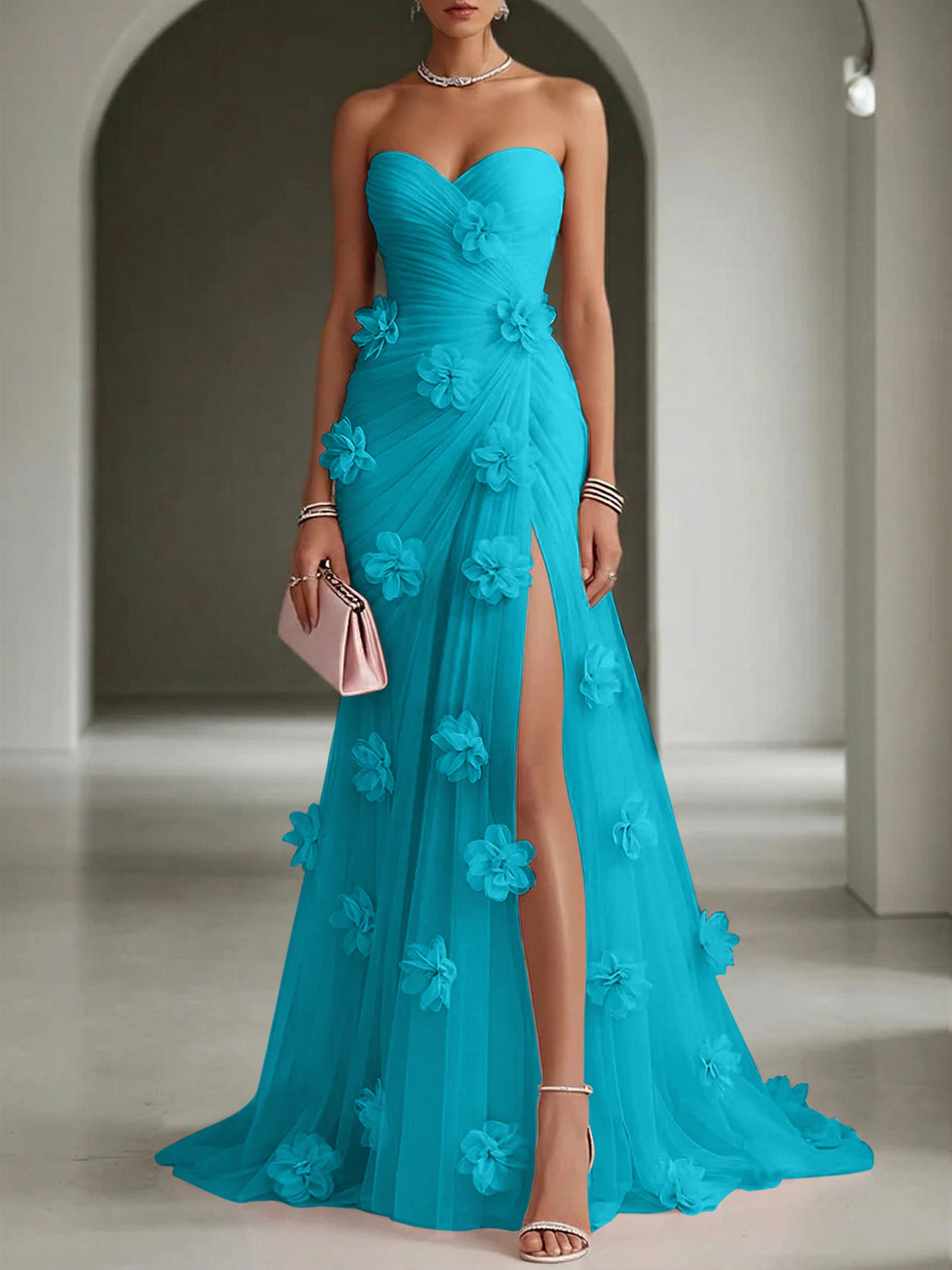 Ethereal Blush Slit 3D Floral Strapless Tulle Gown Dress