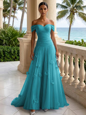Light Blue Evening Dress with 3D Flower Off The Shoulder Pleat Maxi Dress