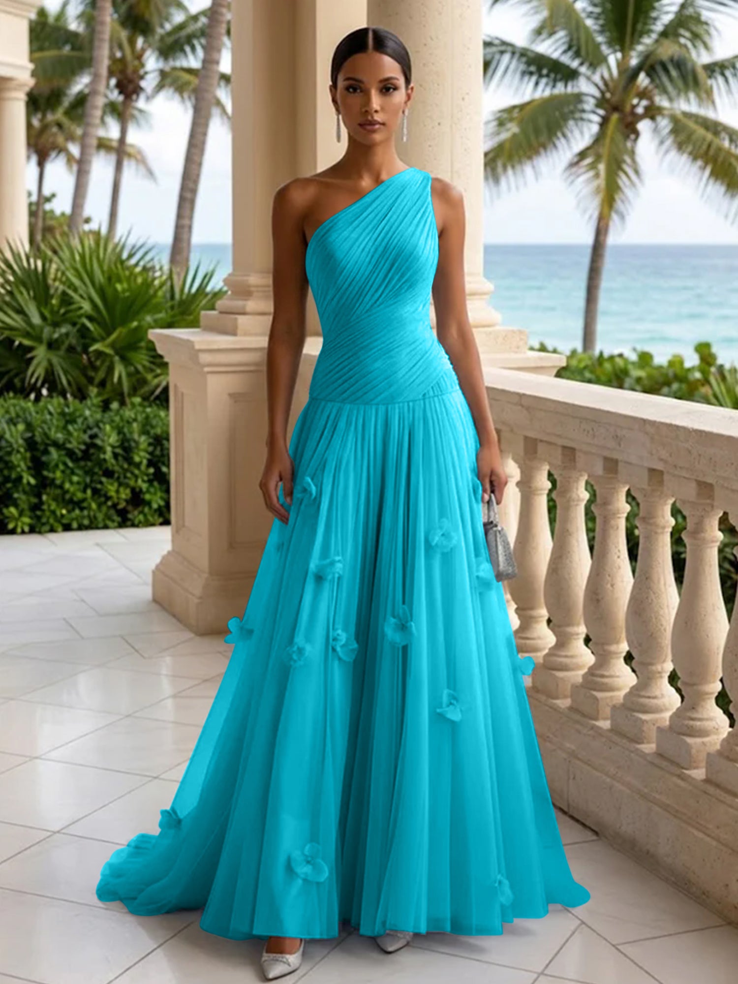 Light Blue Evening Dress with 3D Flower One Shoulder Pleat Maxi Dress