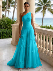 Light Blue Evening Dress with 3D Flower One Shoulder Pleat Maxi Dress