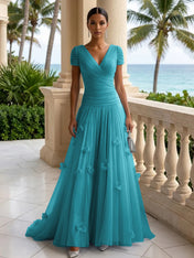 Light Blue Short-Sleeve Tulle Gown Evening Dress with 3D Flower V Neck Pleat Maxi Dress