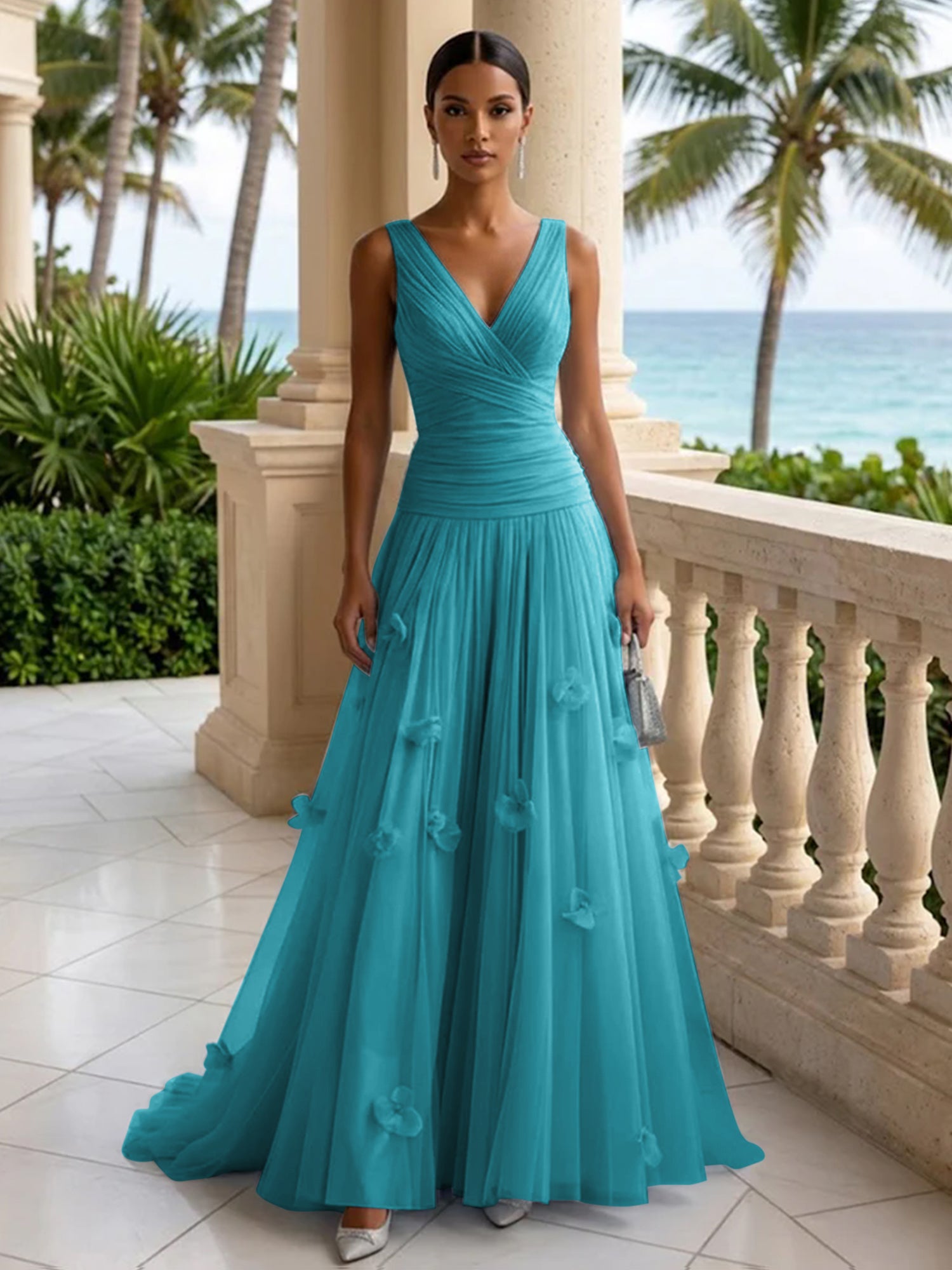 Light Blue Evening Dress with 3D Flower V Neck Pleat Maxi Dress