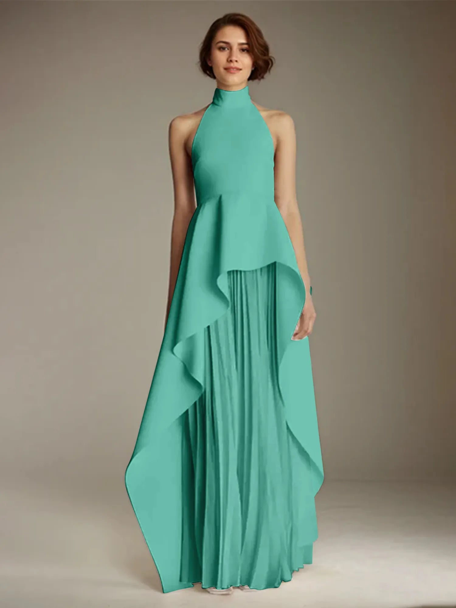 White Sleeveless High Neck Chiffon Long Formal Dress With Ruffles
