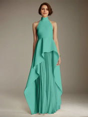White Sleeveless High Neck Chiffon Long Formal Dress With Ruffles
