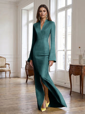 Yellow Long Bell Sleeve Mermaid Evening Gown with Asymmetric V-Neck Formal Dresses