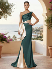 One Shoulder Mermaid Satin Pleat Evening Dresses with Bow