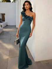 Navy Blue 3D Floral Classic One Shoulder Sleeveless Mermaid Gown Dress