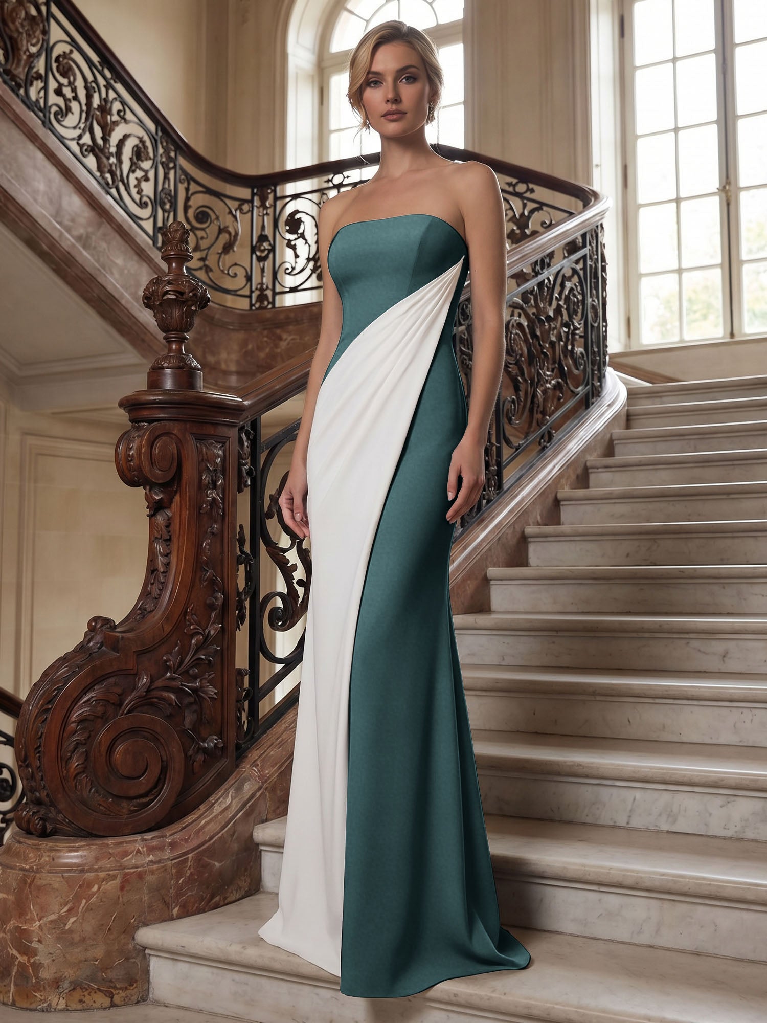 Black White Sheath Strapless Elegant Maxi Formal Dress