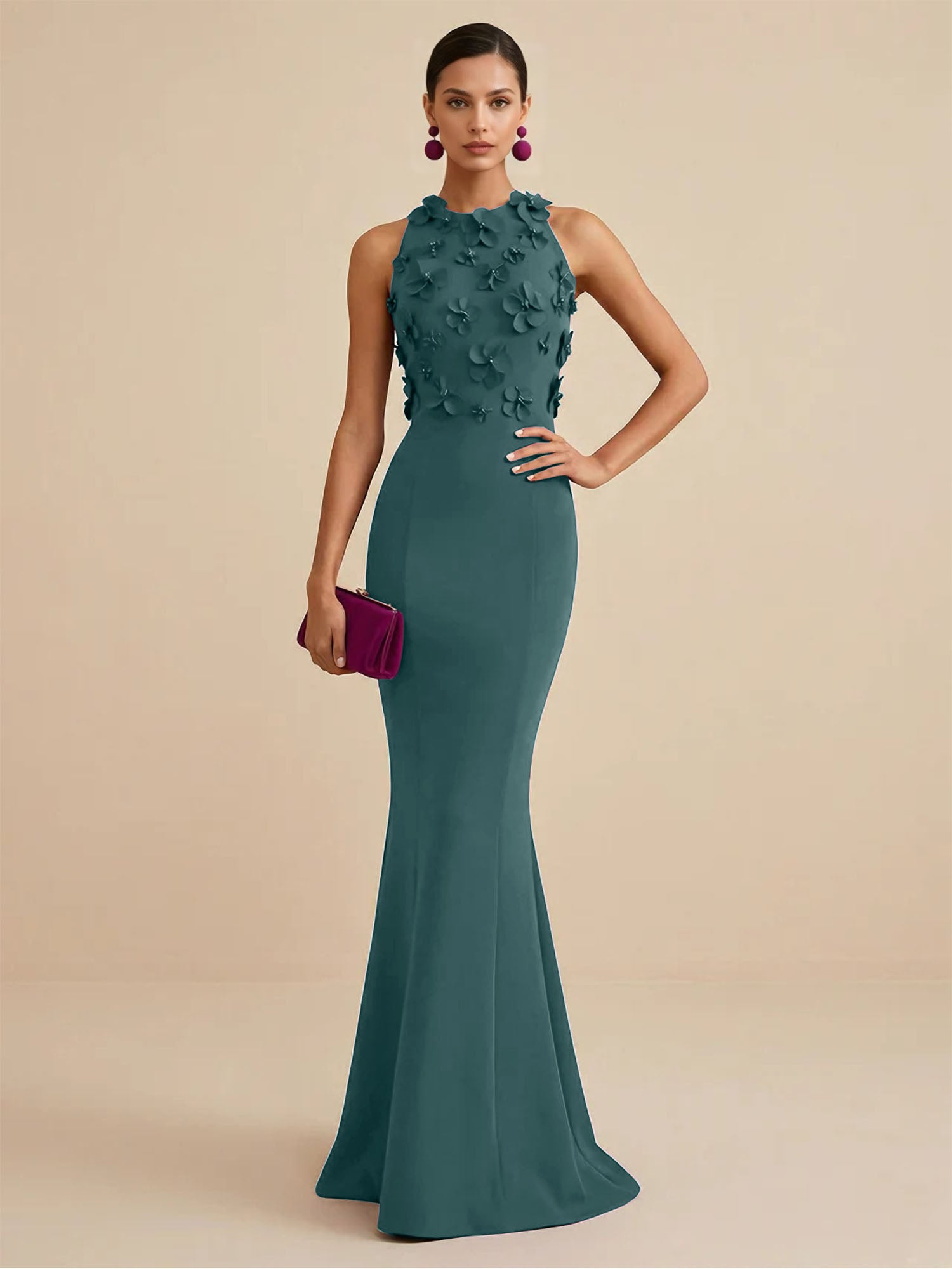Deep Fuchsia Sleeveless High Neck 3D Floral Mermaid Formal Gown Evening Dress