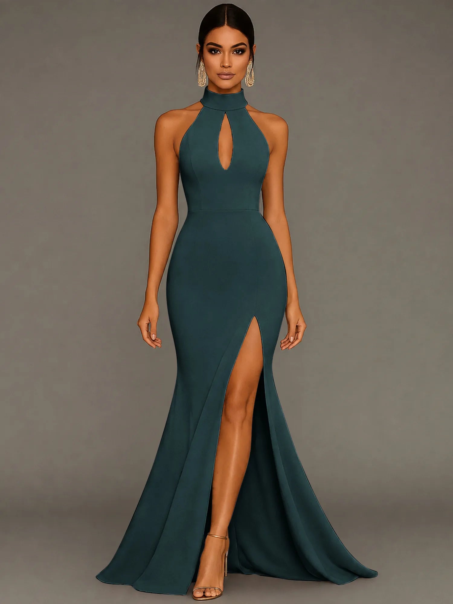 Mermaid Halter Neck Satin Formal Dress with Slit