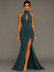 Mermaid Halter Neck Satin Formal Dress with Slit