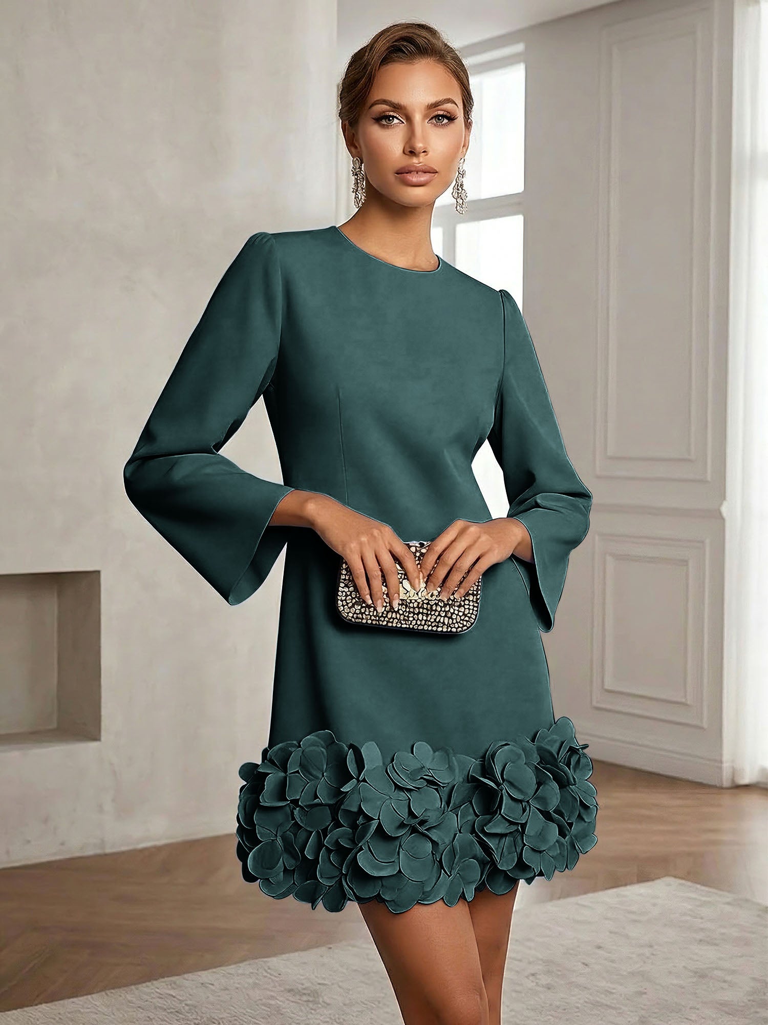 Powder Blue 3D Floral Classic Crew Neck Bell Long Sleeve Shift Mini Dress