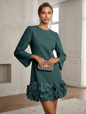 Powder Blue 3D Floral Classic Crew Neck Bell Long Sleeve Shift Mini Dress