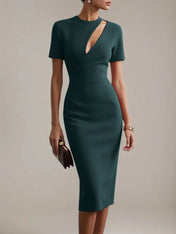 Red Sheath/Column Stretch Crepe Scoop Neck Short Sleeves Tea Length Dresses