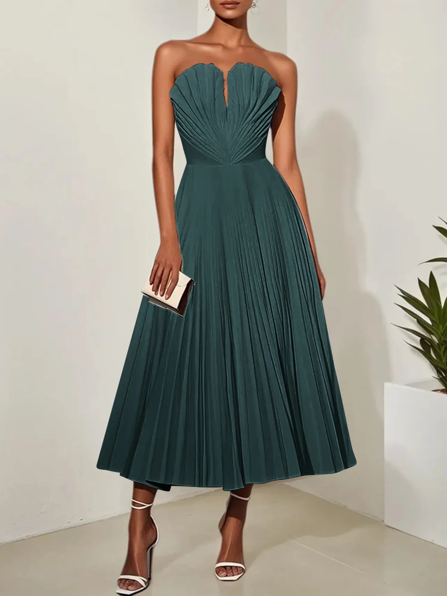 White Pleated Classic Strapless Sleeveless A-Line Midi Dress
