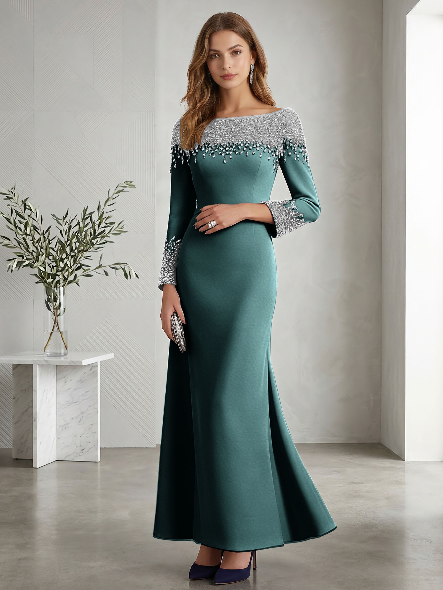 Formal Evening Dress Midnight Navy Velvet Long Sleeves Maxi Dress with Crystal