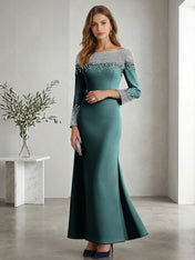 Formal Evening Dress Midnight Navy Velvet Long Sleeves Maxi Dress with Crystal