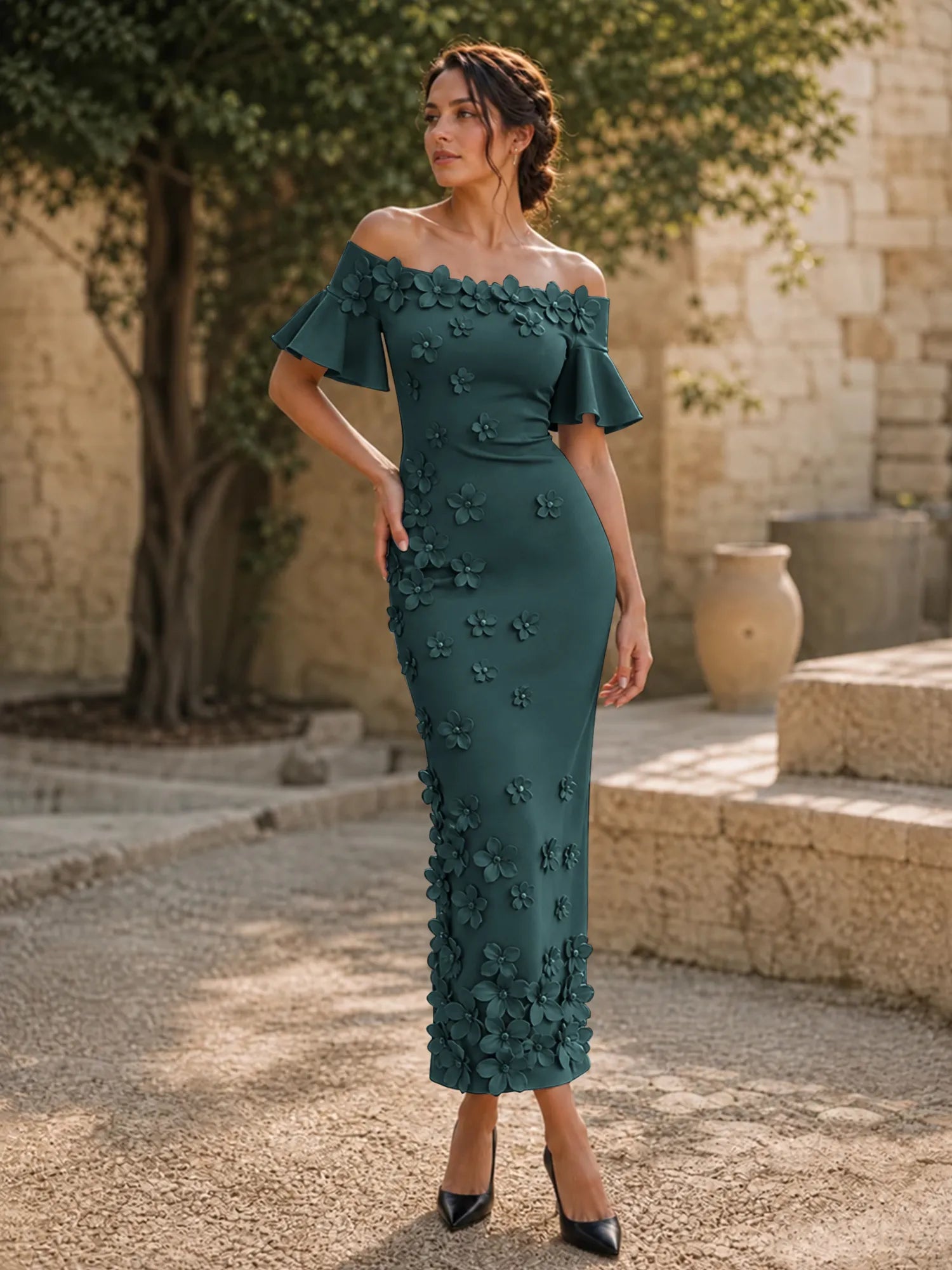 Black 3D Floral Off-The-Shoulder Ankle-Length Gown Dress