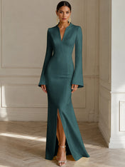 Formal Yellow V Neck Long Sleeves Floor Length Dress With Slit