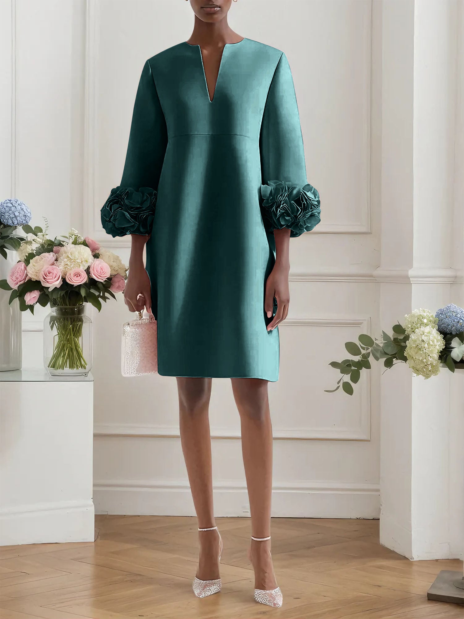 Pink 3D Floral Classic Notched Long Sleeve A-Line Midi Dress