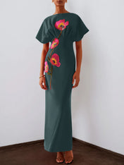 Red 3D Floral Appliqué Boat Neck Short Sleeve Backless Sheath Maxi Dress