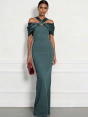 Regal Plum Crepe Column Gown with Satin Criss-Cross Halter Maxi Dress