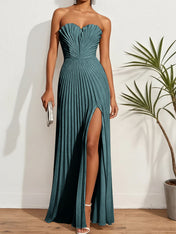 Pleated Classic Strapless Sleeveless A-Line Maxi Dress