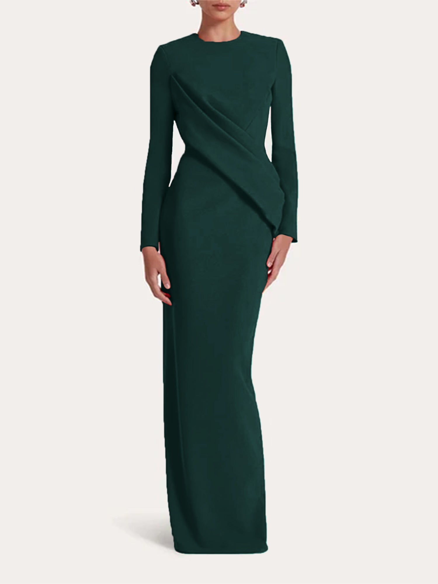 Red Sheath/Column Scoop Long Sleeves Chiffon Floor-Length Ruffles Formal Dress