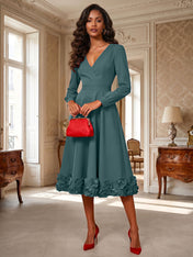 Formal Evening Gown Crimson 3D Rose Hem A-Line Midi Dress