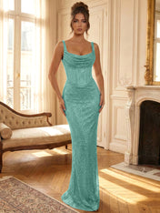 Sparkly Blue Shimmer Cowl Neck Corset Prom Dress