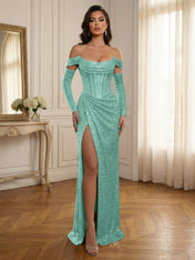 Silver Sequin Off-the-Shoulder Long Sleeves Corset Prom Dress with Slit