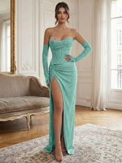 Blue Beaded Corset Long Prom Dress with Matching Gloves