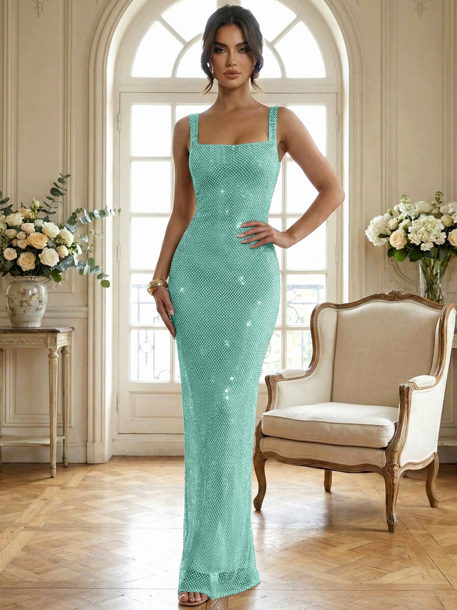Sparkly Champagne Crystal Mesh Square Neck Long Prom Dress