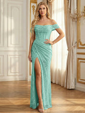 Sparkly Off-the-Shoulder Mesh Ruched Bodice Long Prom Dress with High Slit