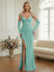 Light Blue Sequin Mermaid Matching Opera Gloves Long Prom Dress with Slit