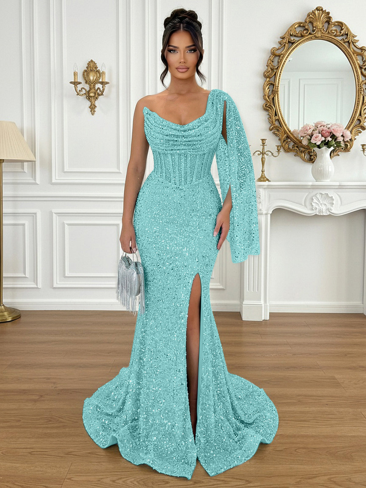 Glamorous Ice Blue One-Shoulder Sequin Corset Mermaid Prom Dresses with Slit