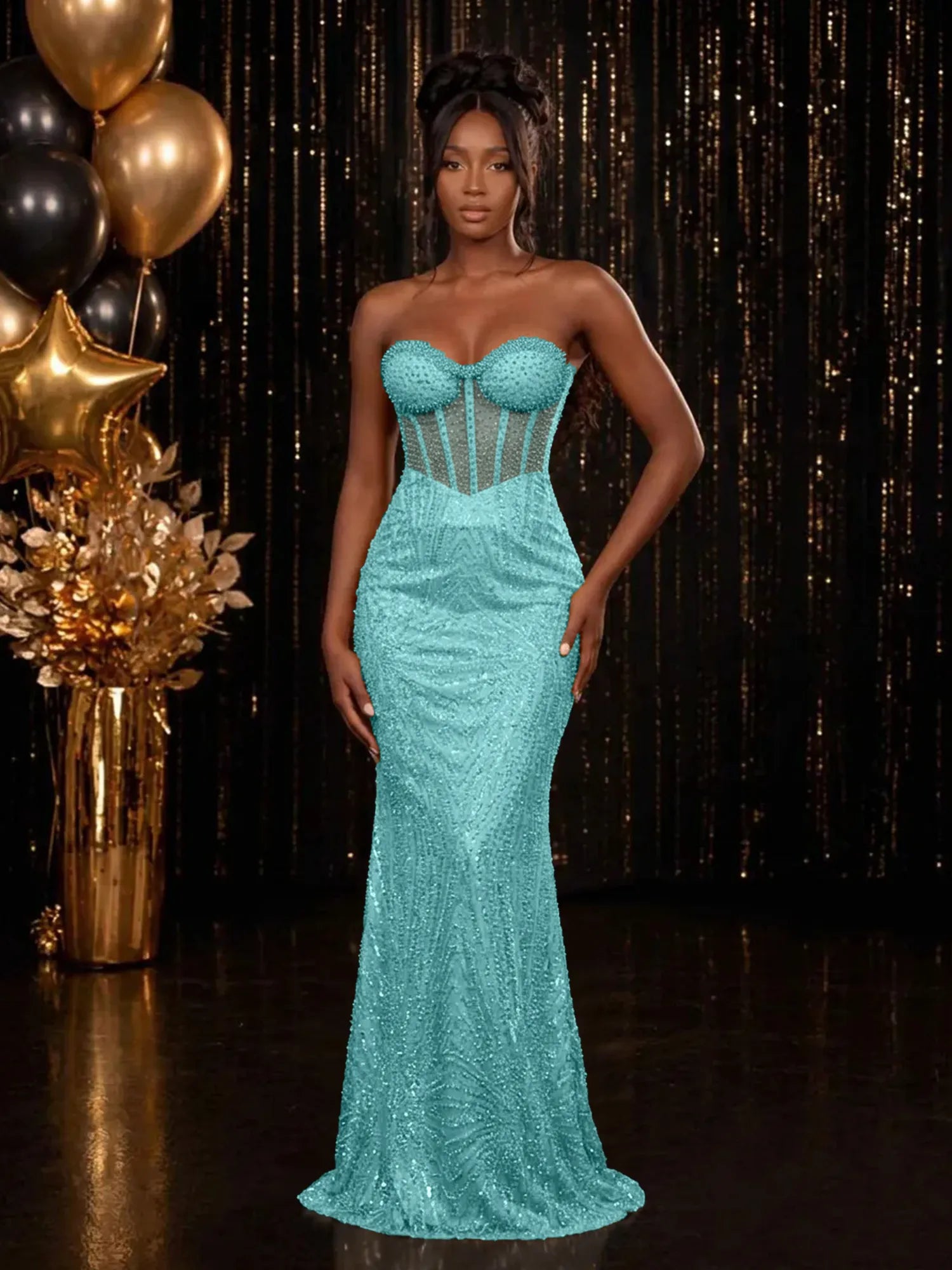 Strapless Sequin-Accented Mermaid Prom Dress with High Slit