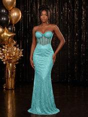Strapless Sequin-Accented Mermaid Prom Dress with High Slit