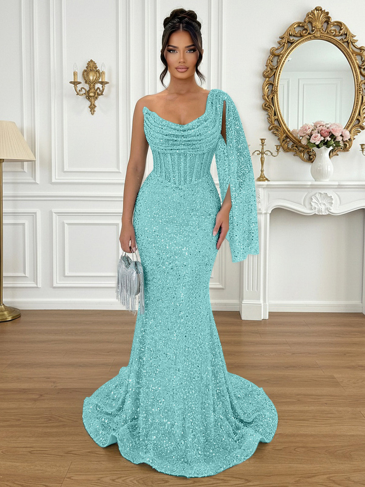 Glamorous Ice Blue One-Shoulder Sequin Corset Mermaid Prom Dresses